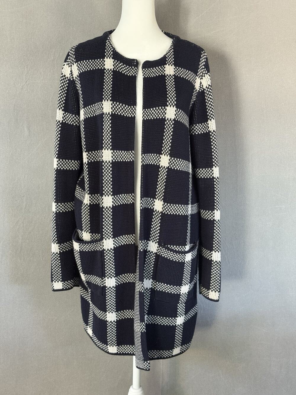 Ann Taylor Factory Navy Ivory Plaid Long Cardigan Sweater Size M